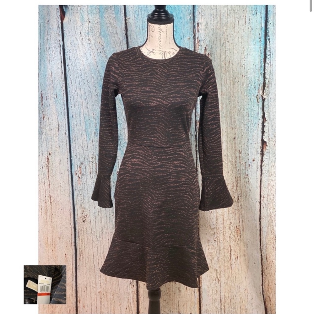 MICHAEL KORS NWT Caramel Animal Print Flounce Trim Dress - Picture 2 of 14